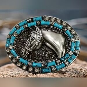 New turqouise horse equestrian Cowgirl Cowboy belt buckle 3x4 approximately.
